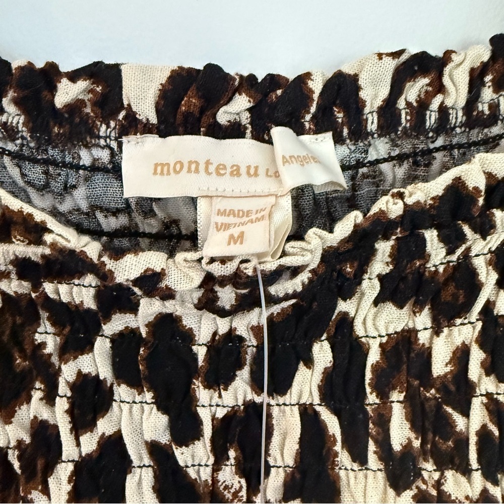 Monteau Puff Sleeve Crop Smocked Top Leopard Print Linen Blend M Beachy Baddieš - Picture 3 of 5